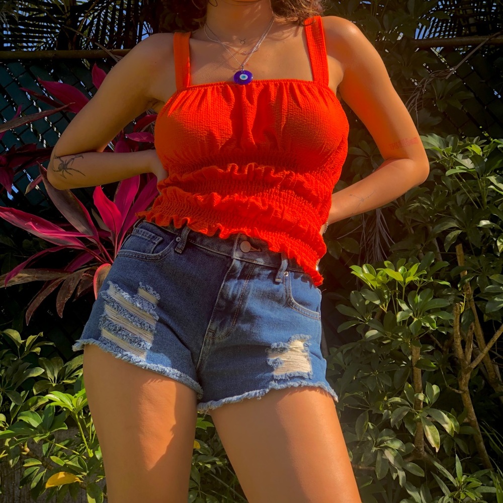 NEW Orange Tank Crop Top with Layered Rushing Shirt  (Size:XS)